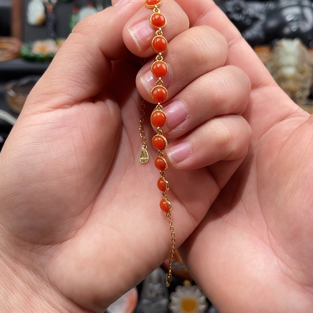 南红玛瑙银S925镀金镶嵌手链