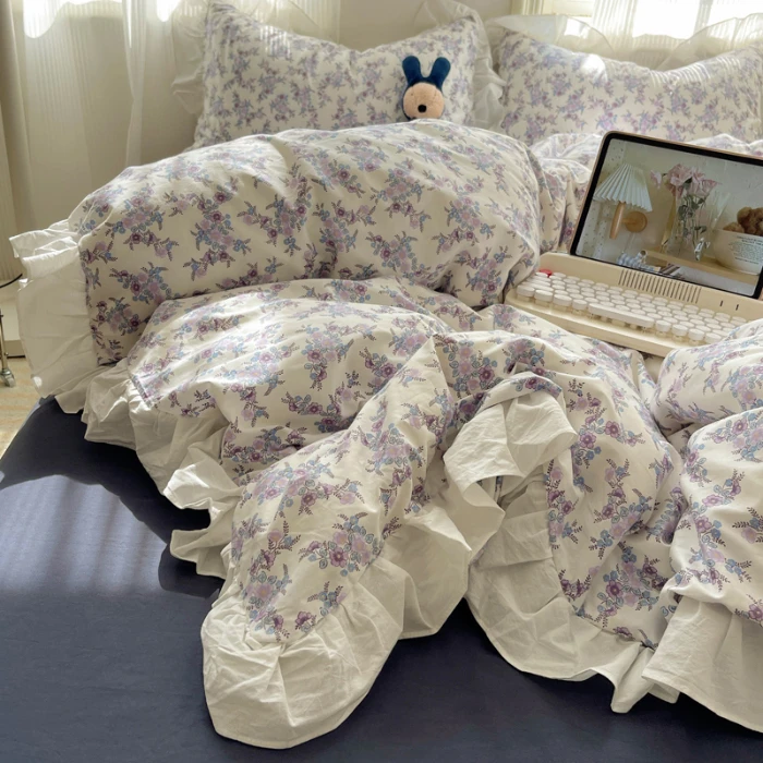 新款韩式博主风小碎花花边款全棉纯棉四件套棉质被面被里套装