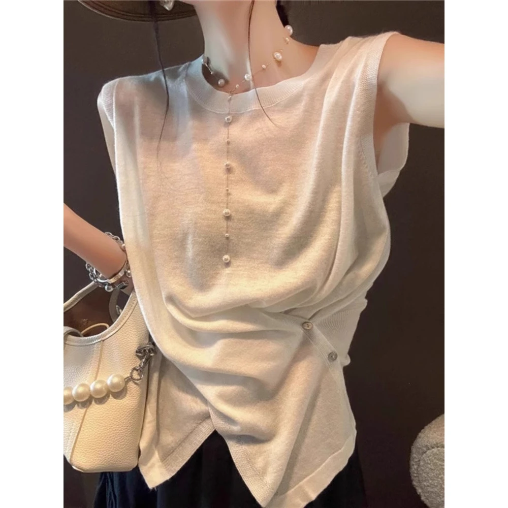 冰丝针织无袖T恤女夏季薄款设计感小众小香风不规则短款背心外穿