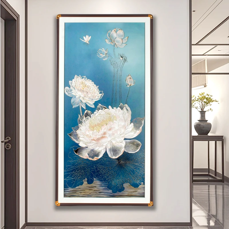 2025新款肌理睡莲玄关装饰画高档手工立体实物画走廊过道挂画