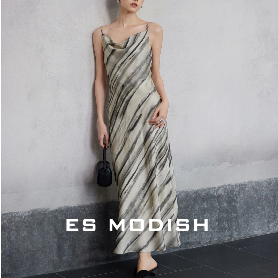9537号#3165#百搭复古纹理感印花收腰气质吊带裙（无拉链）带里衬