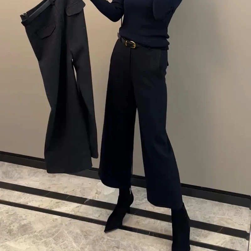 秋冬休闲裤九分裤直筒简约松紧腰时尚高腰百搭显瘦毛呢阔腿裤靴裤