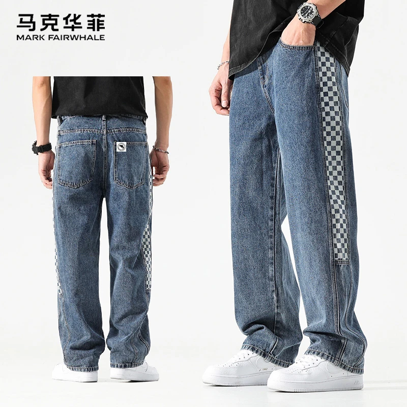 马克华菲侧边棋盘格牛仔裤男秋季直筒宽松水洗蓝色百搭休闲长裤子