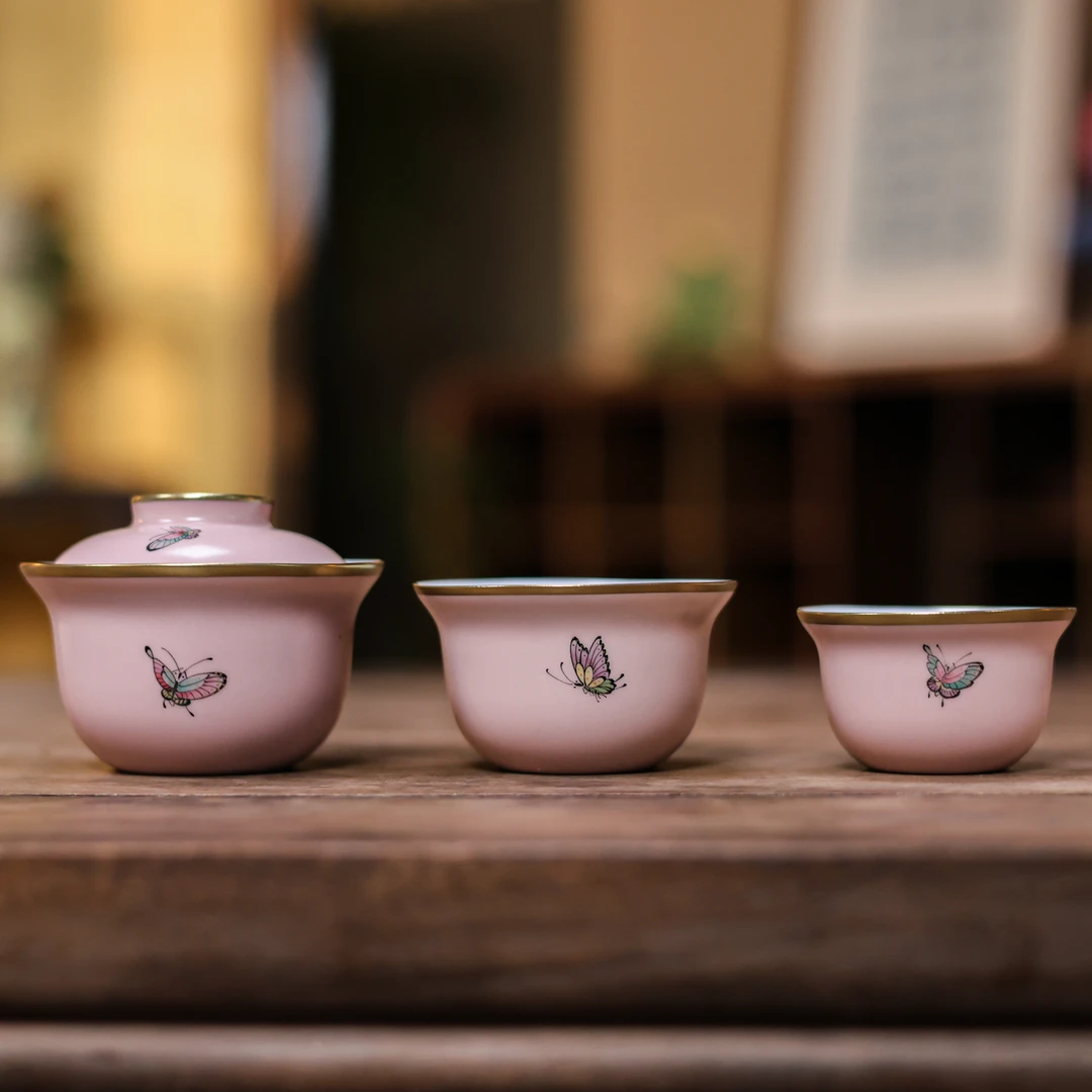夕岚粉-华隐堂-绣球一盖二杯-盖碗100大杯70小杯40（华隐S1258）