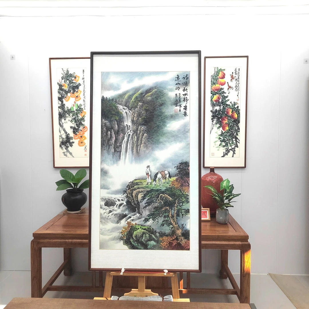 纯手绘带框国画山水《诗情秋水静》120*60cm，玄关书房茶室办公室挂