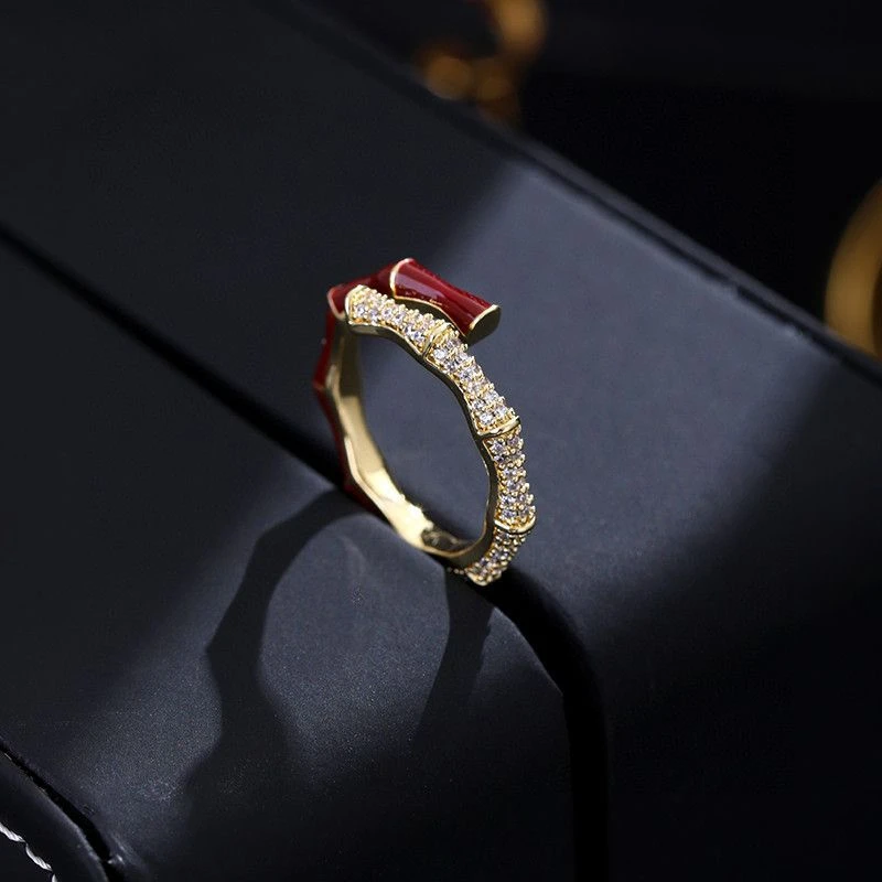 9567#微镶竹节#法式竹节拉丝复古红色微镶戒指