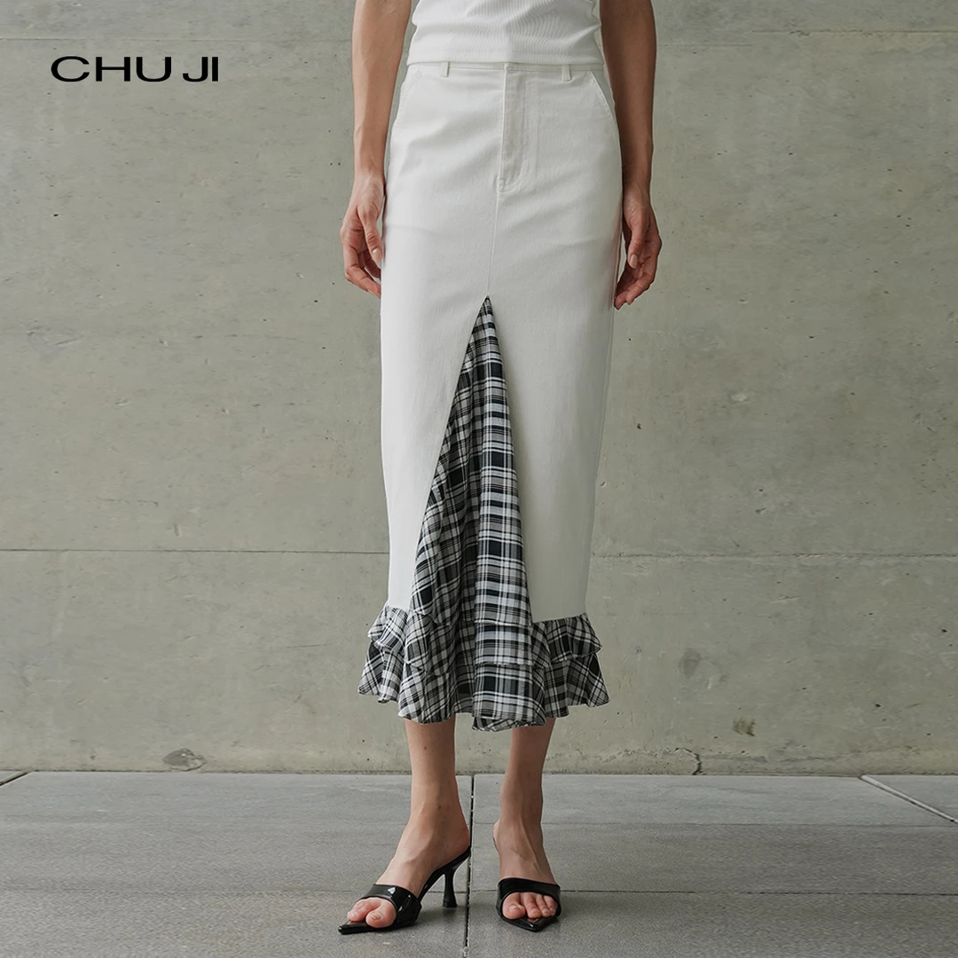 Chuji出迹 原创设计 开叉拼接格子高腰牛仔半身裙女夏季-E1M2349L