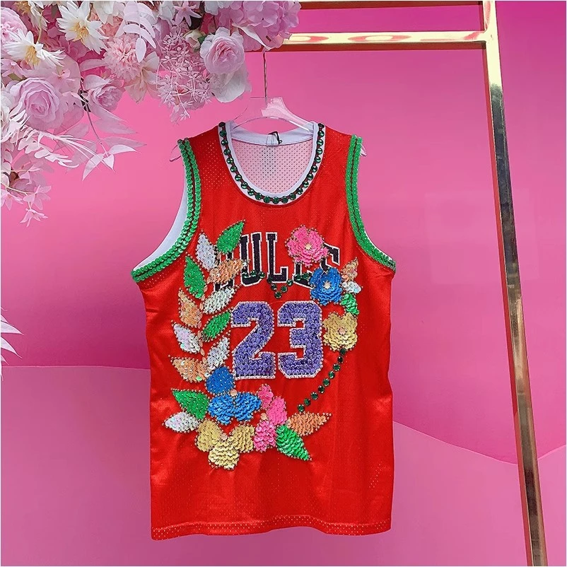 A2000欧美设计师2025夏季新款重工钉珠刺绣立体花朵字母潮酷背心