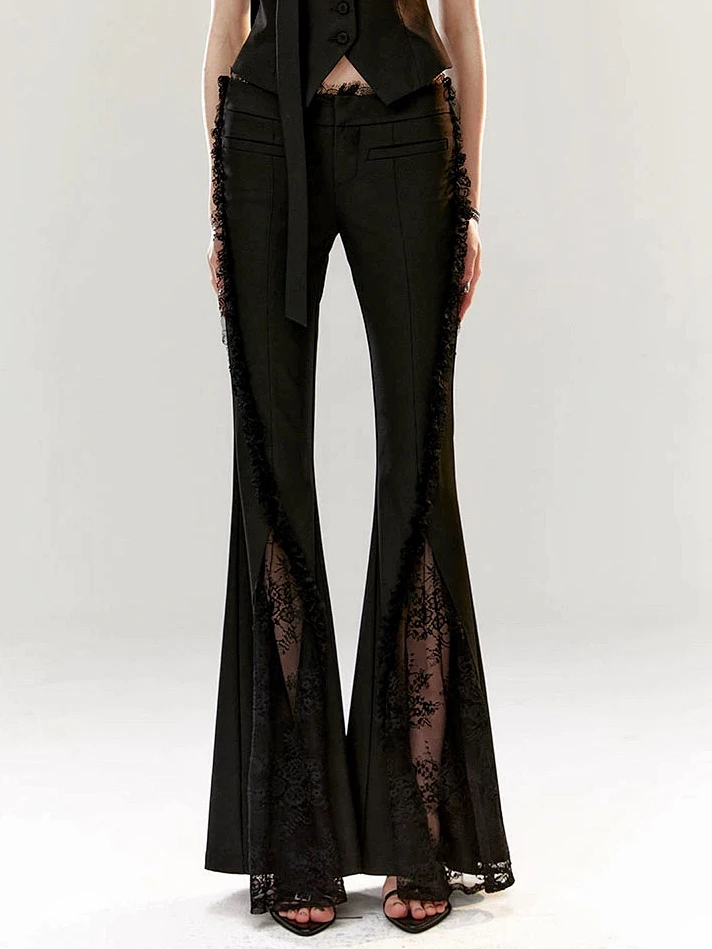 复古港风拼接蕾丝微喇裤长裤休闲裤