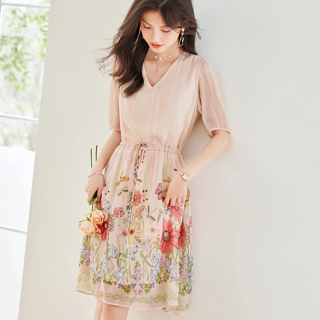 百依秀子2025夏季新款时尚印花优雅休闲知性名媛气质连衣裙B3530