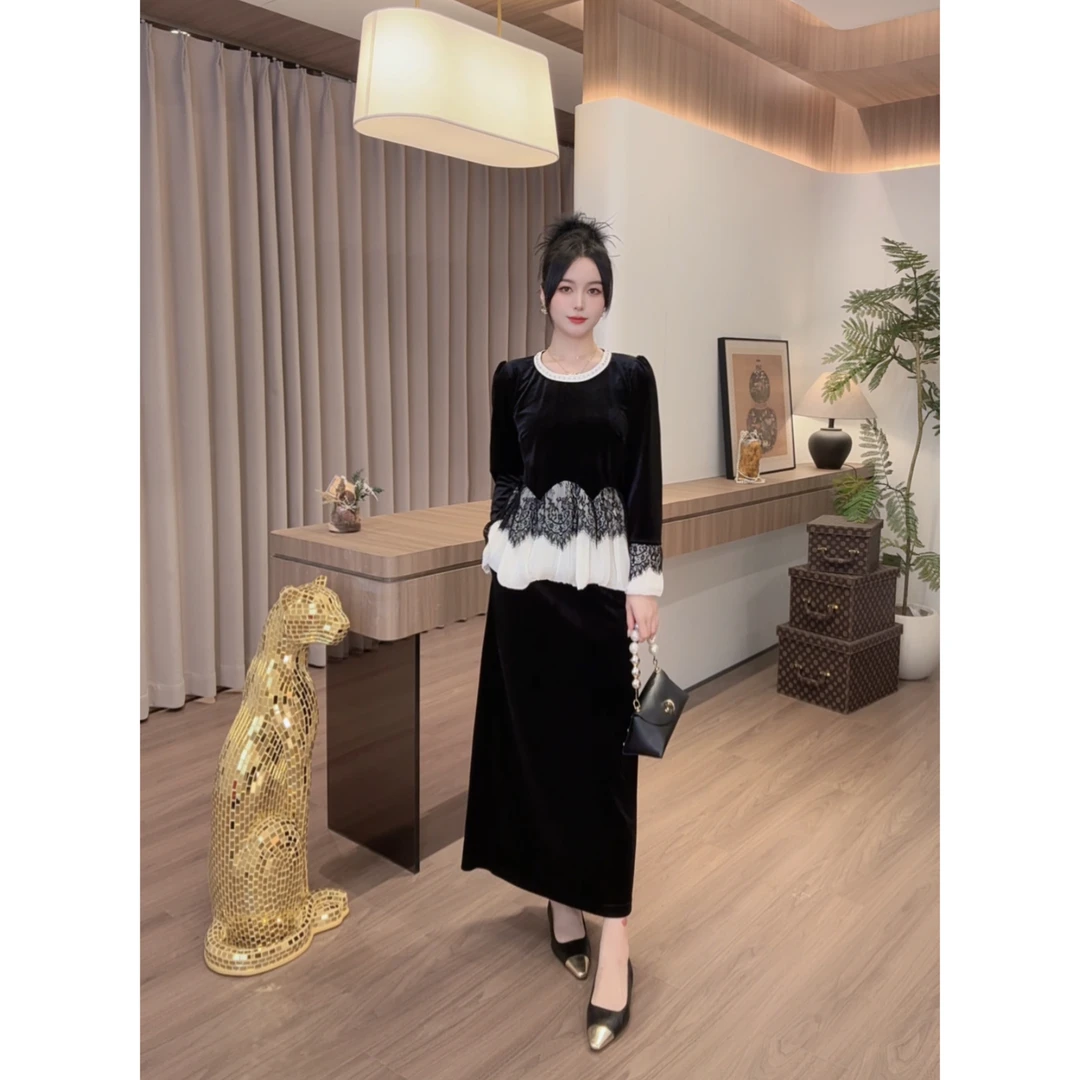 7282 鱼鱼严选秋季新款小香风 高级感丝绒面料气质大码显瘦两件套