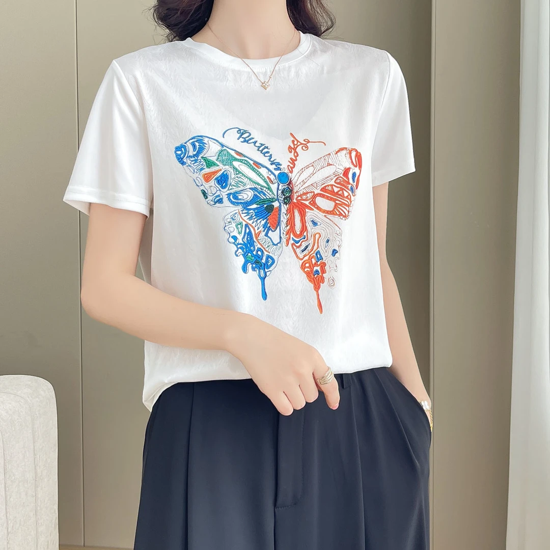 1297夏丝滑缎面冰凉感女半袖T恤洋气AB拼接短袖