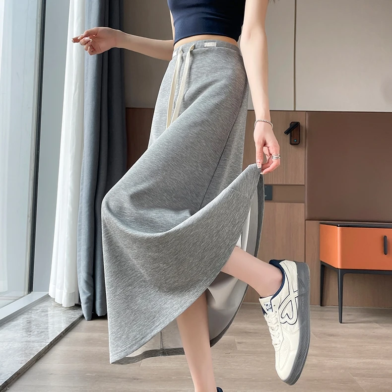 浅灰色抽绳运动风半身裙夏秋季高腰显瘦伞裙垂坠感a字慵懒长裙子
