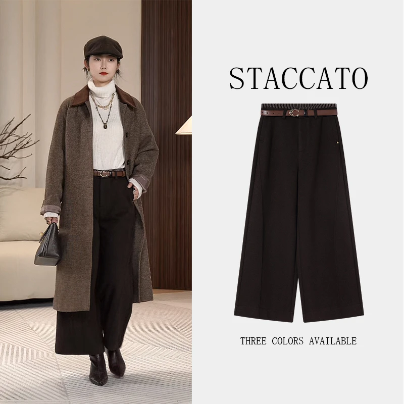 STACCATO2025秋冬款保暖羊毛九分阔腿裤女高级羊毛呢直筒裤SM9D01