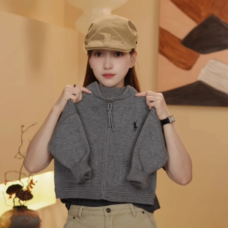 2025儿童新韩版针织纯色刺绣口袋拉链开衫外套百搭时尚休闲