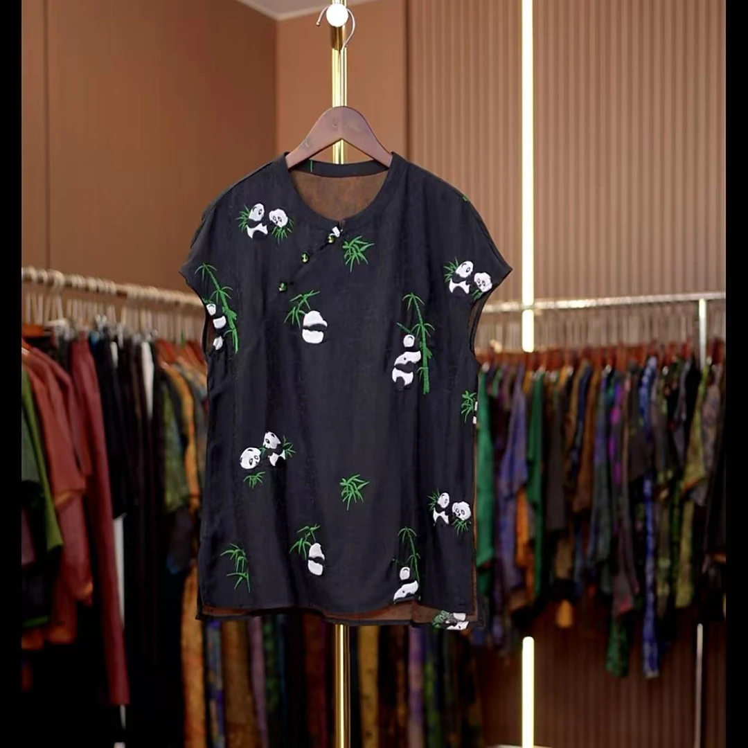 安逸-新中式国风大熊猫短袖休闲上衣0394