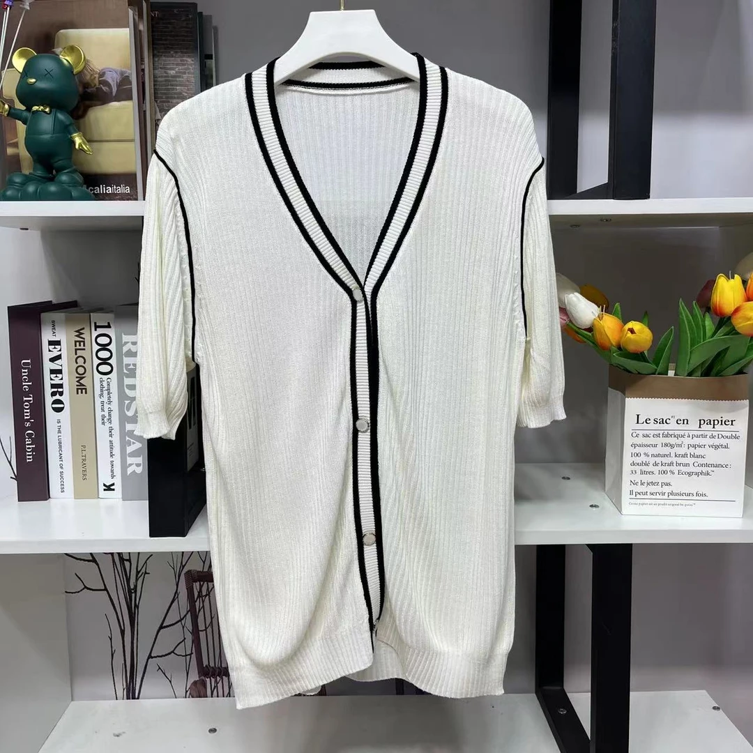 D4112【夏季新款】时尚白色V领单排扣拼色短袖开衫Z