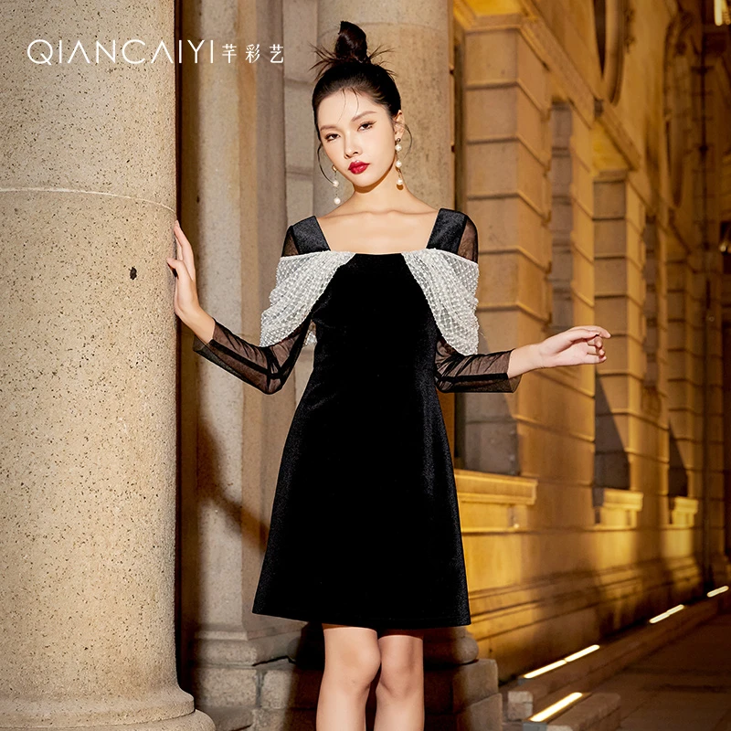 Y23262思朵SIDUO黑色修身气质显瘦设计师丝绒时尚轻奢秋冬礼服