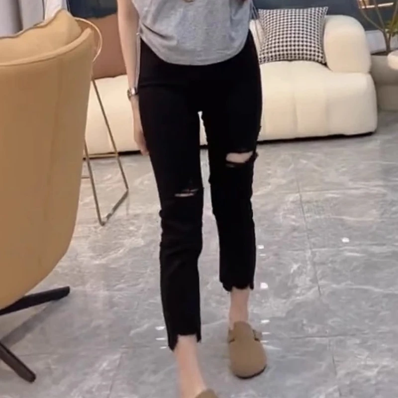 黑色大码胖MM乞丐破洞直筒牛仔裤女夏薄款高腰宽松毛边九分烟管裤