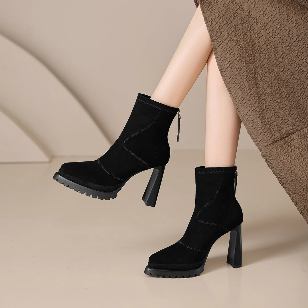 AACCK手工女鞋10.5CM粗跟高跟短靴防水台女增高尖头磨砂皮马丁靴