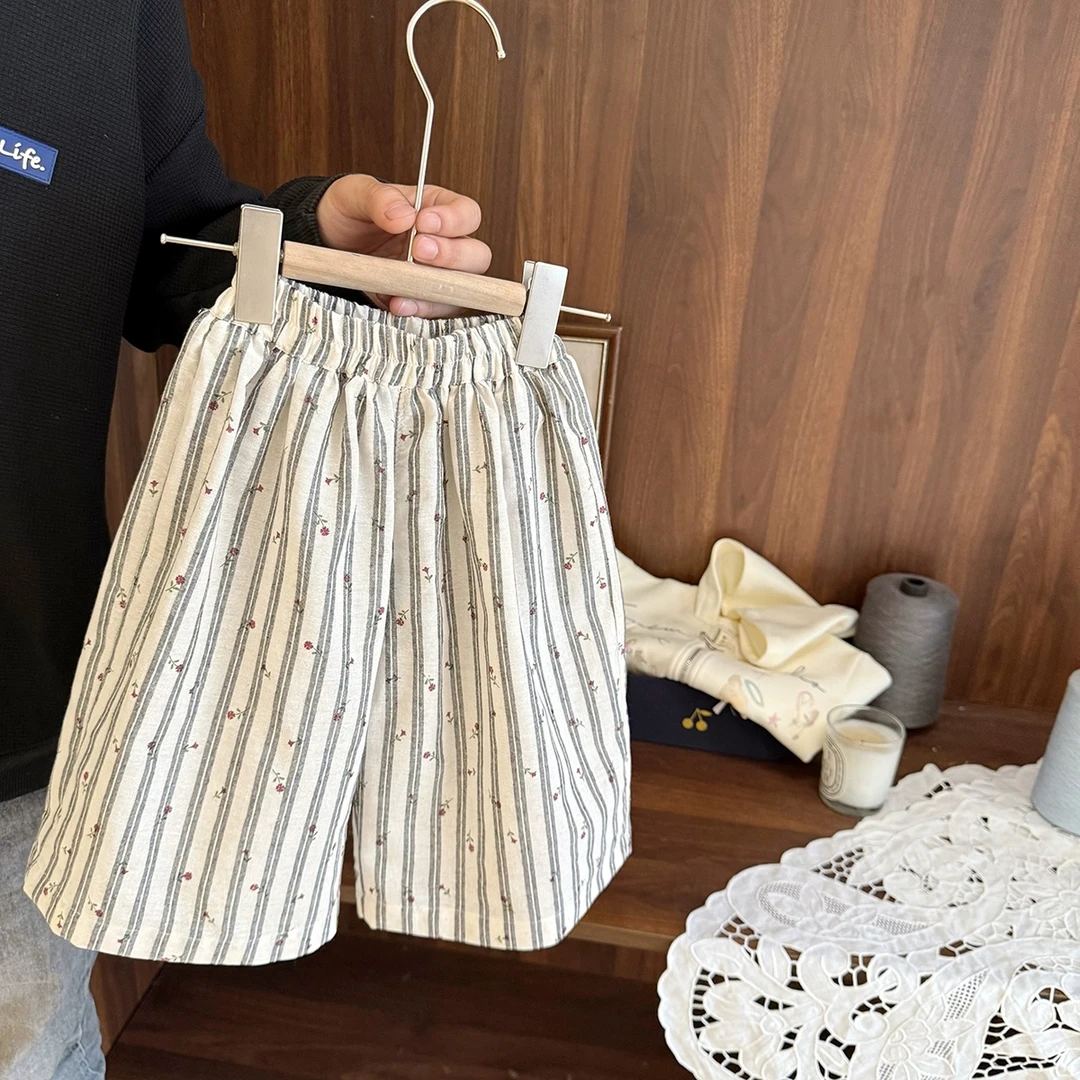 女宝宝凉快薄款棉麻竖条纹休闲裤女夏季女童宽松显气质阔腿裤