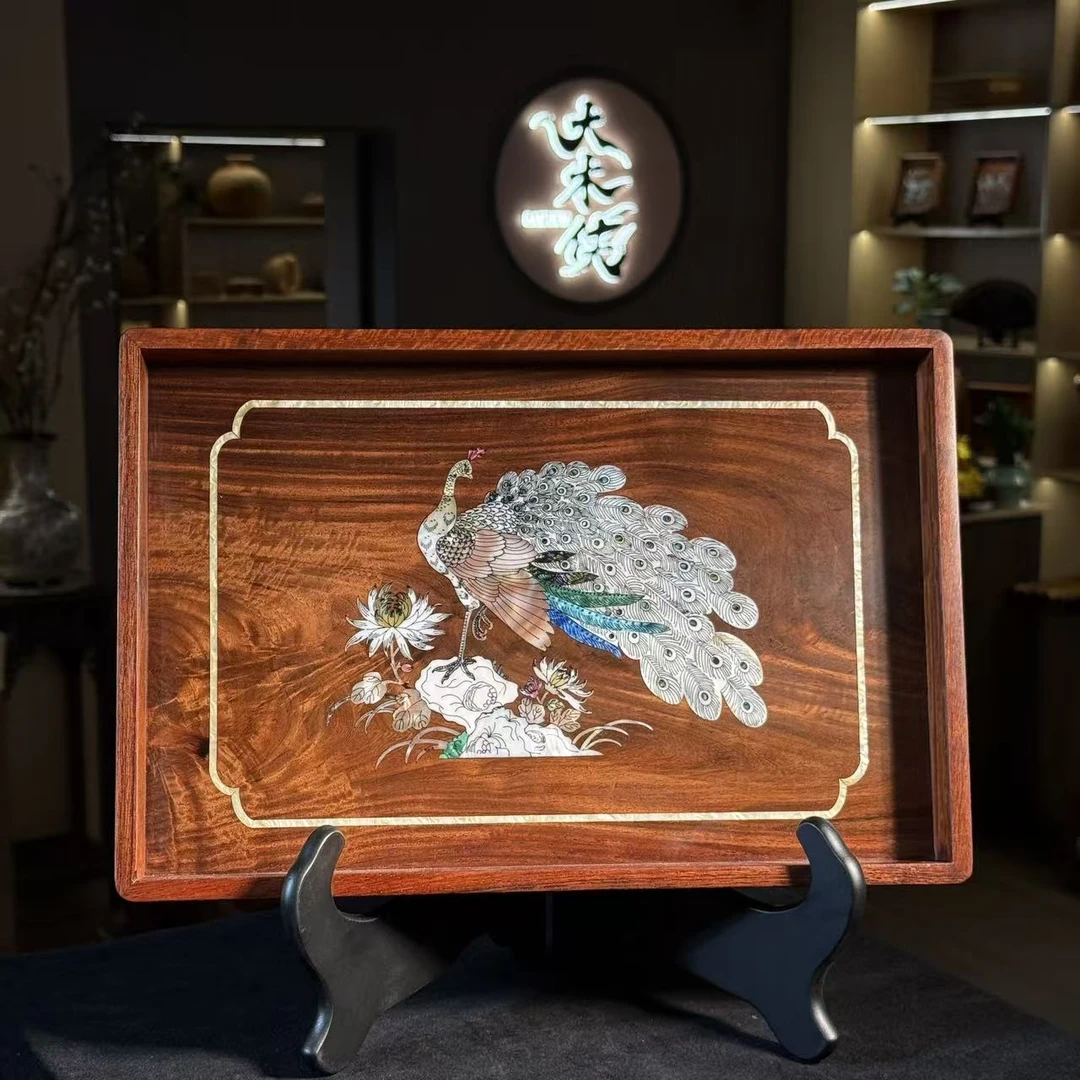 大木侠缅甸花梨长方形孔雀托盘收纳盘茶盘尺寸:36*24*4cm