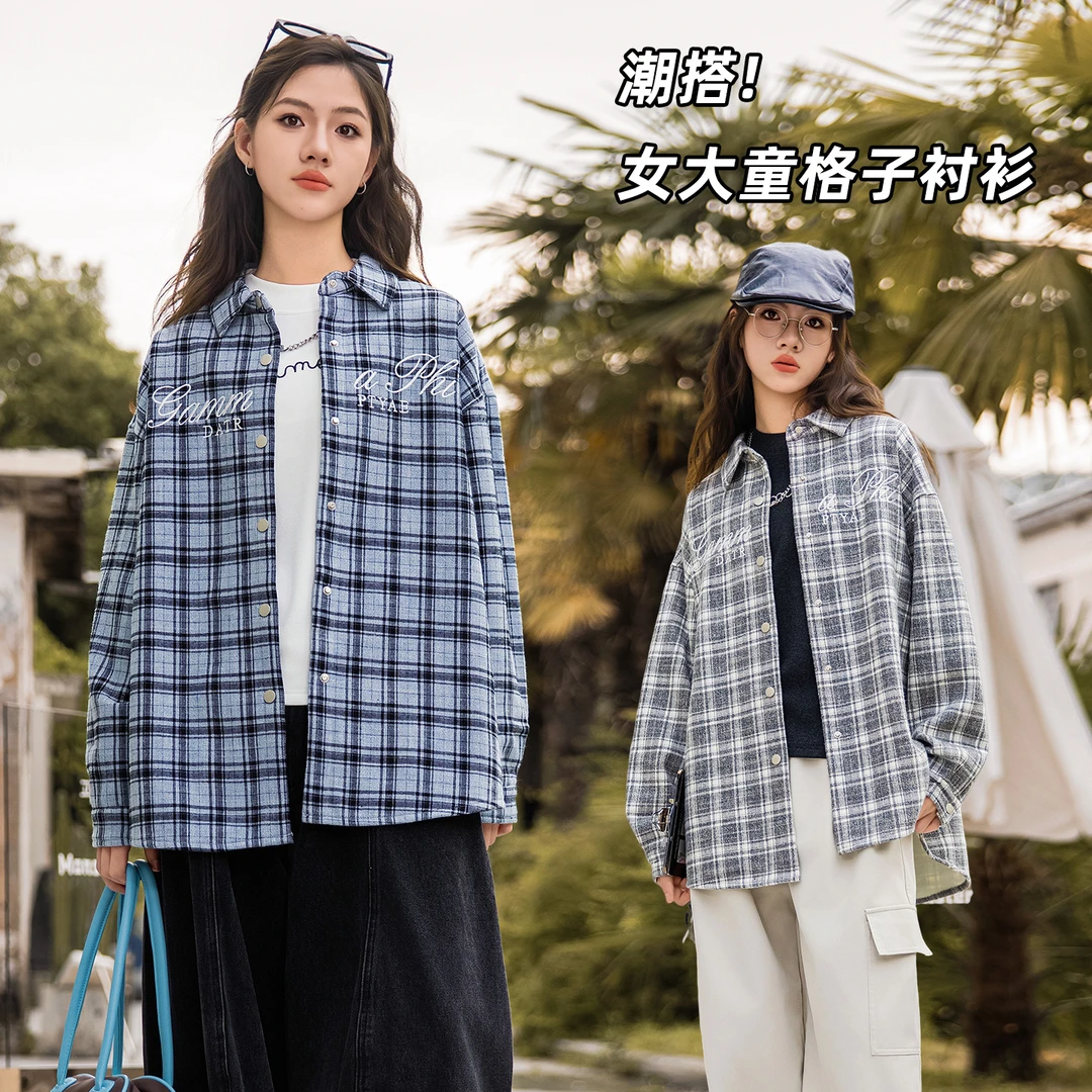 【加绒格子外套】女大童初中生加厚宽松衬衫2025秋冬新款上衣85539
