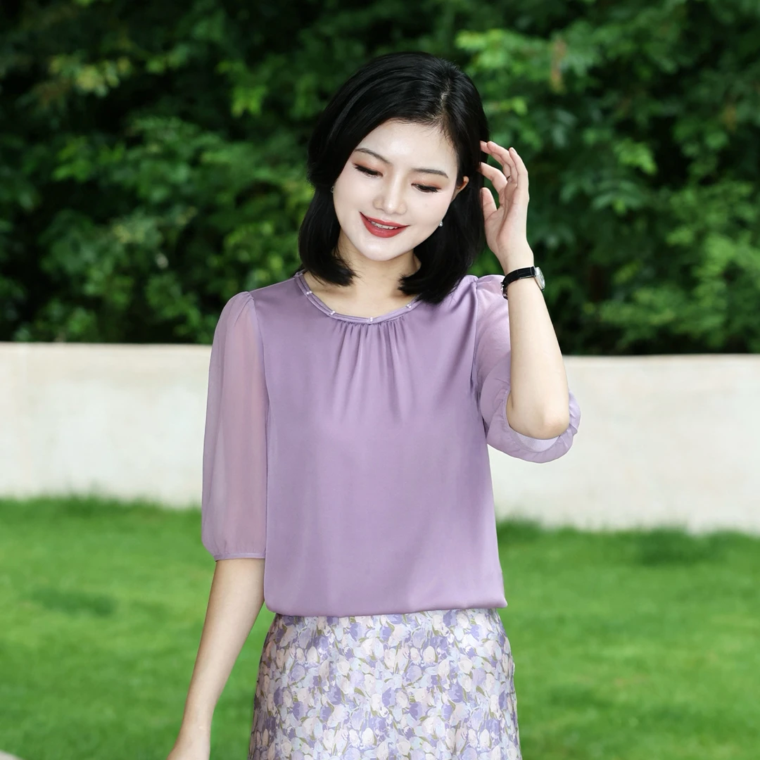 枫竺阿楠anan 桑蚕丝圆领钉珠轻薄凉爽透气半袖衬衫女夏上衣新款