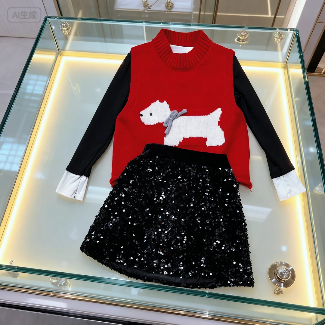 亲子装2025女童针织马甲韩版新款蝴蝶结甜美可爱卡通小狗母女款