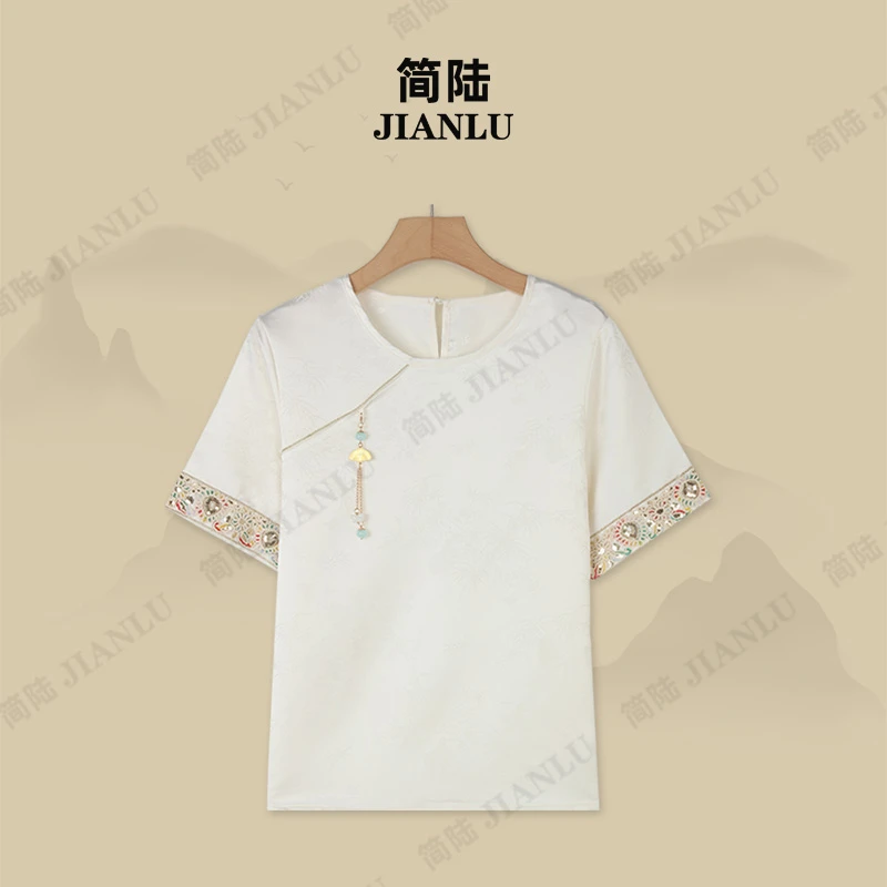 【白玉】新中式中国风短袖盘扣圆领提花新款刺绣上衣-9369