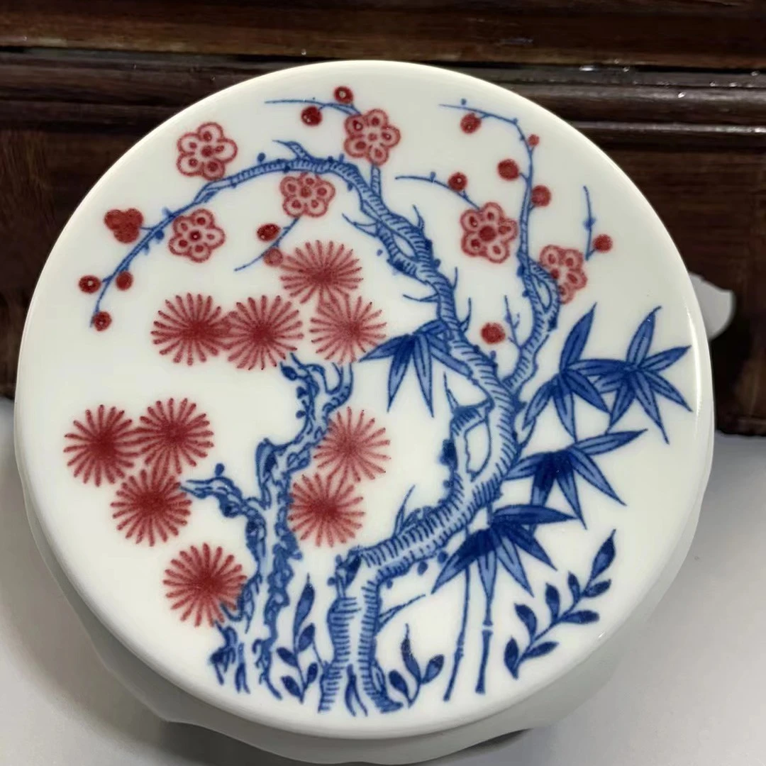 高端手工手绘青花釉里红松竹梅板凳盖置