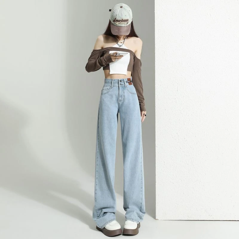 浅色高腰百搭阔腿牛仔裤女2025春夏新款小个子垂感宽松直筒拖地裤