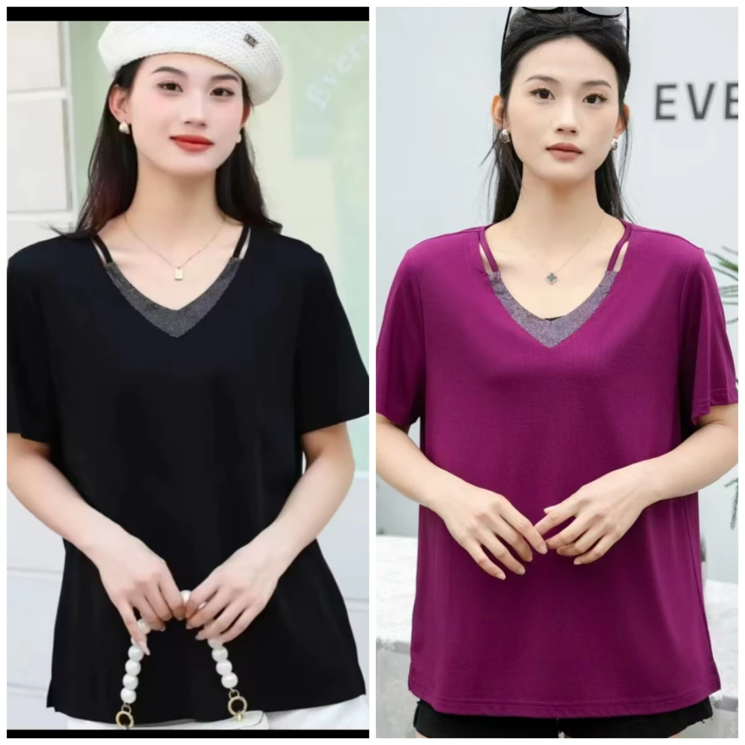 风之信2506大码V领烫钻气质显瘦短袖T桖