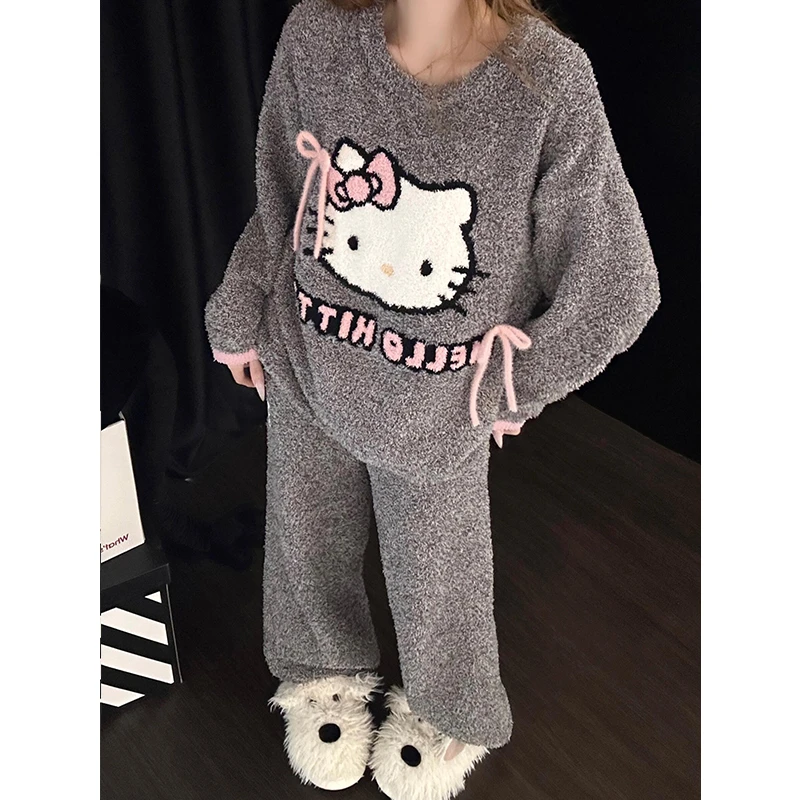 韩系甜美蝴蝶结Kitty半边绒睡衣女冬季新款保暖可外穿家居服套装