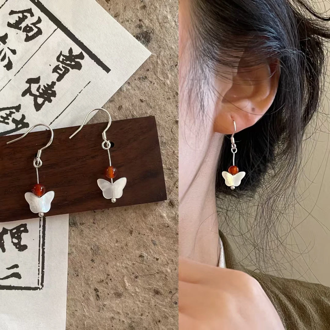 合金亚克力耳饰 复古白色小蝴蝶流苏耳钩温柔新中式耳环小众百搭