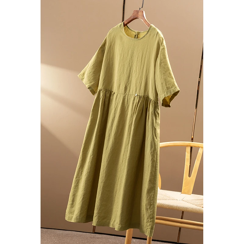 春天家 欧标亚麻 法G文艺复古捏褶2M+大摆圆领中袖连衣裙女3Y01