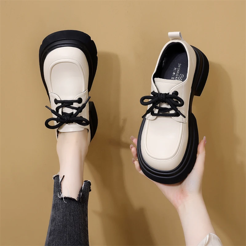 厚底小皮鞋女2025新款春秋显瘦软底百搭乐福鞋增高系带单鞋显脚小