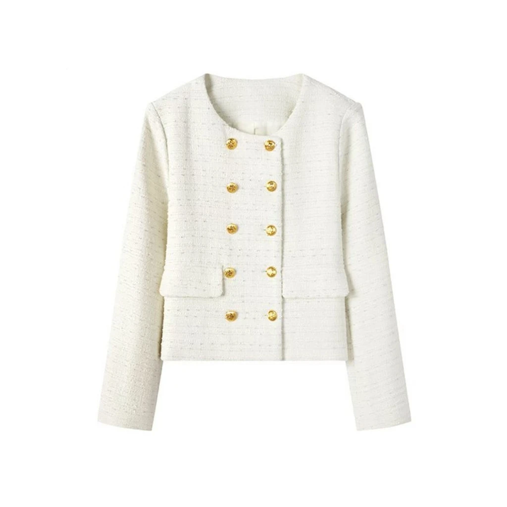 双排扣小香风外套高级新款春百搭法式圆领气质短款上衣#8508