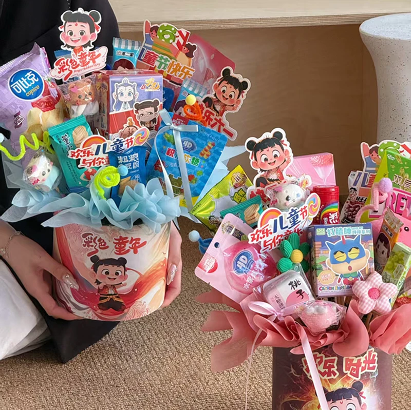 花颜悦六一儿童节零食礼物哪吒套二抱抱桶花店手工diy材料