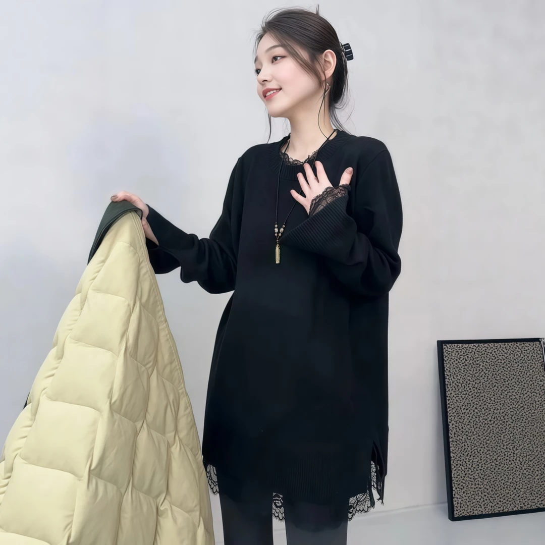 设计感蕾丝下摆拼接毛衣女2025冬季大码胖MM中长款显瘦遮臀上衣