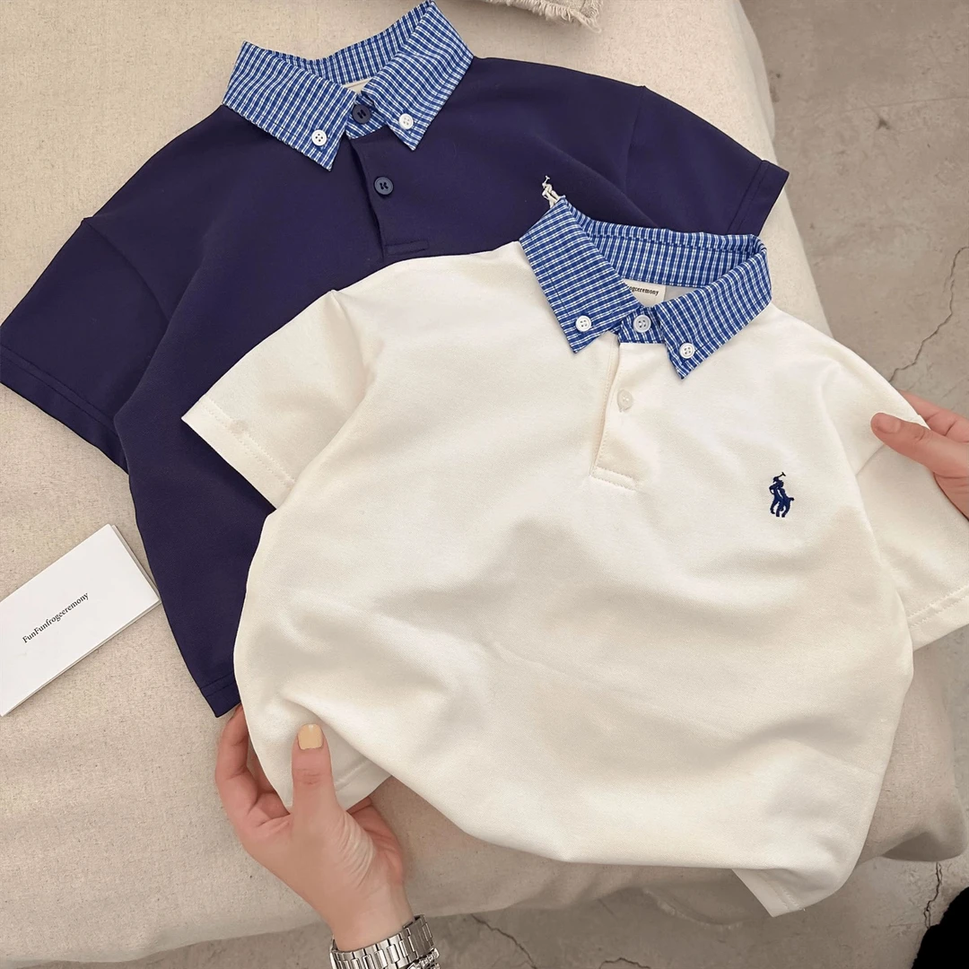 儿童短袖25夏男女童日系潮牌小马标翻领T恤小童宝宝洋气拼色polo