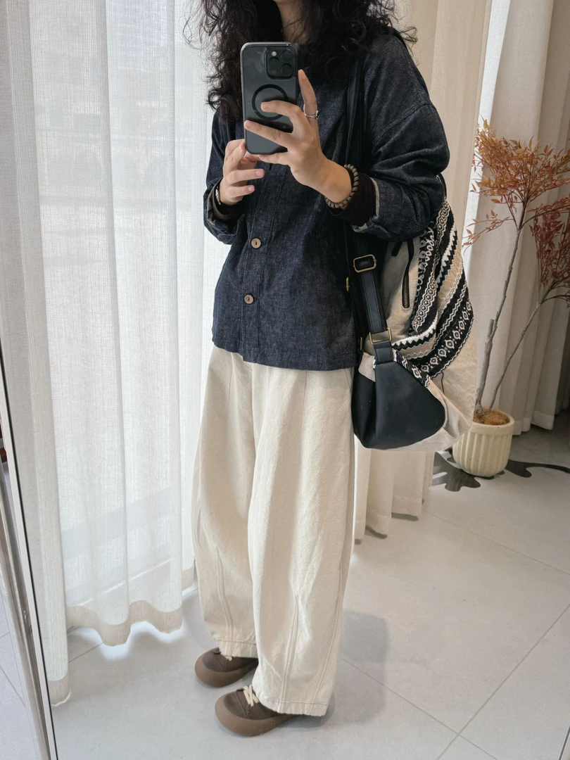 小璞「手工刺绣进口亚麻牛仔裤」休闲，宽松，随性，洋气。