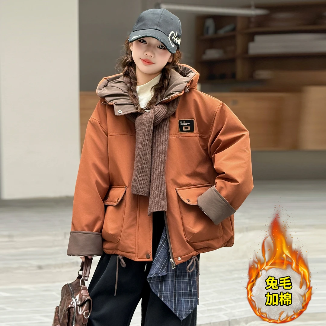 女童棉衣服加绒加厚派克服2025新款冬季连帽冲锋衣洋气保暖外套潮
