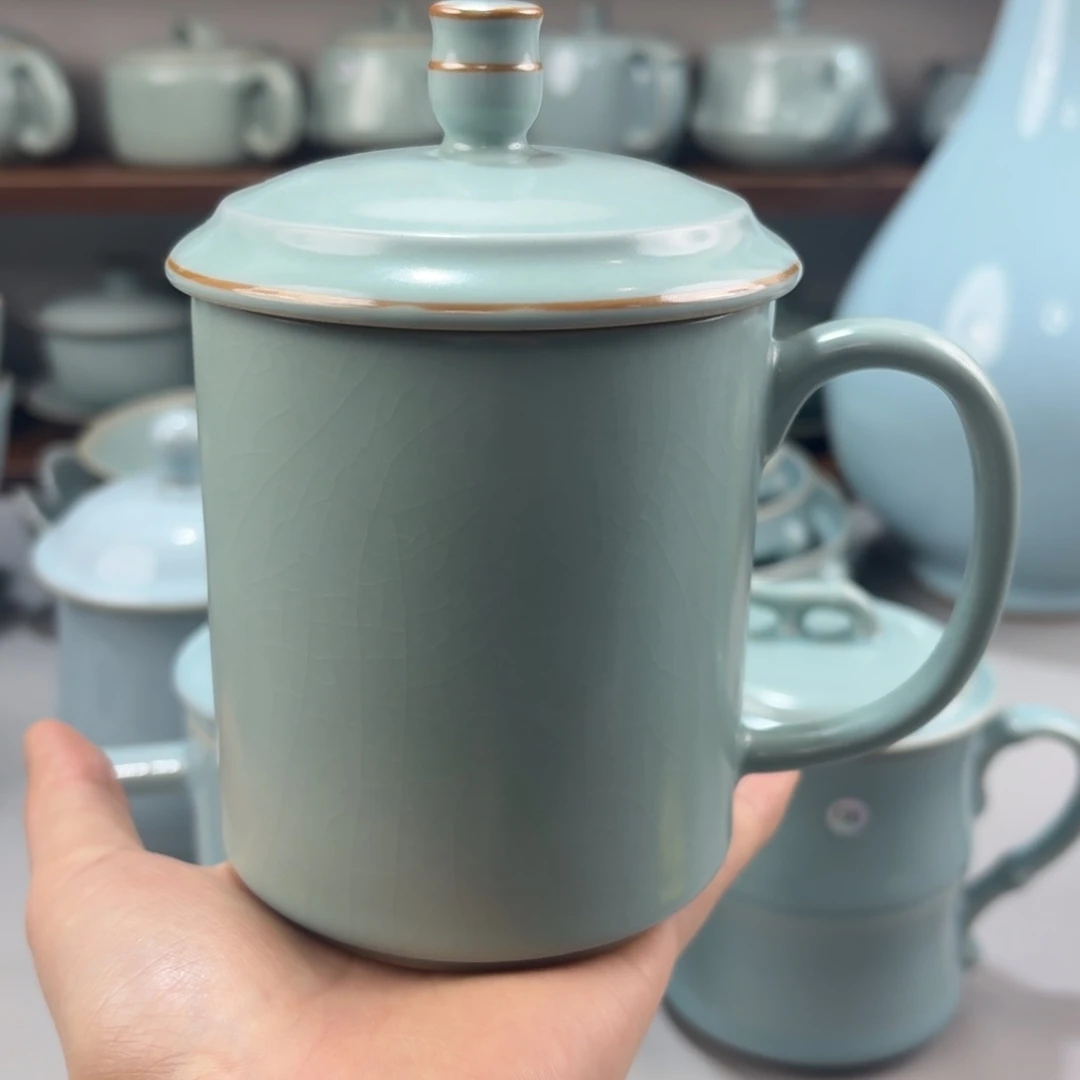 瓷摆件精品汝窑仿古釉办公杯两件套