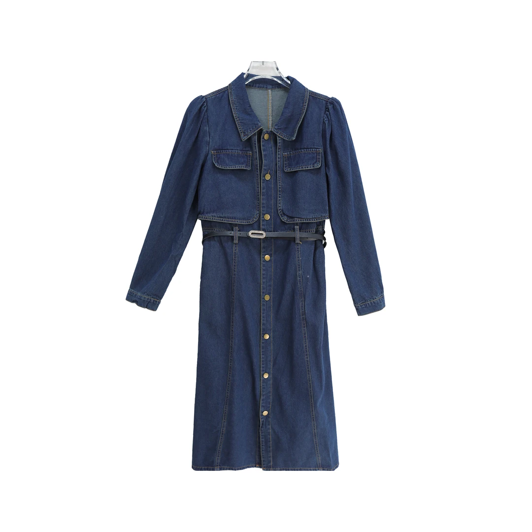 新款复古港风牛仔长袖连衣裙（赠腰带）S2425