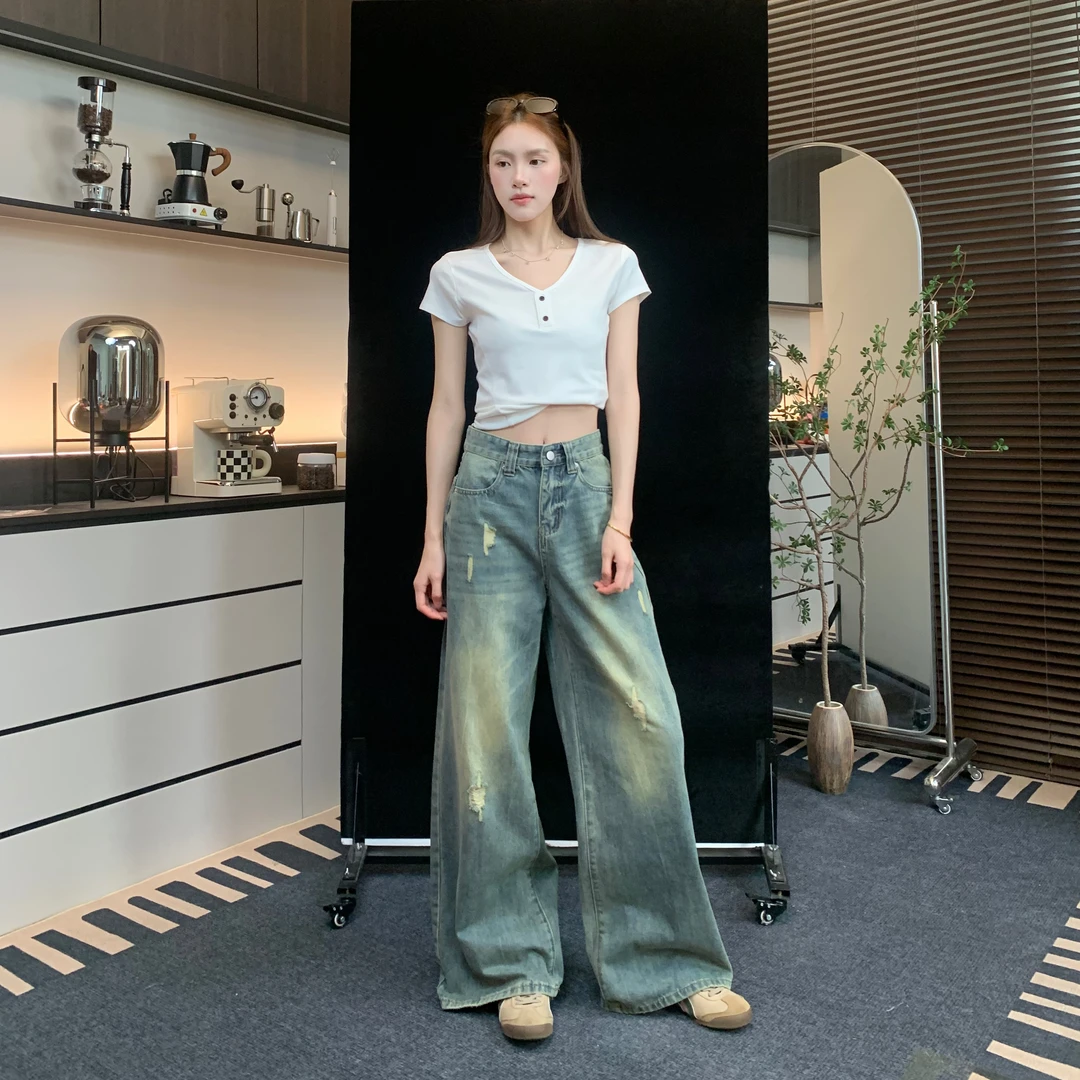 肚子9271复古水洗破洞牛仔裤女宽松显瘦阔腿直筒裤休闲裤长裤子