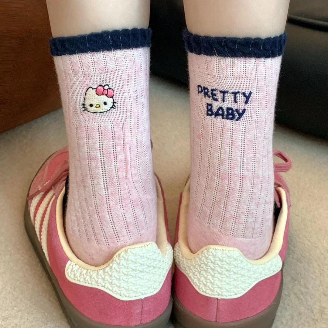 早秋袜子女中筒袜撞色韩版ins卡通kt猫字母ab不对称个性潮流长袜L