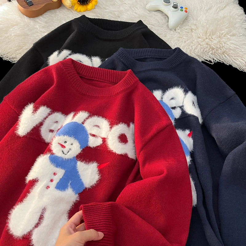 圣诞毛衣男冬季新款加厚保暖雪人刺绣红色针织衫文艺高级感上衣服