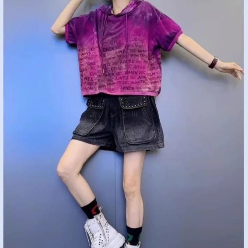 Y2025夏季新款扎染连帽T恤衫时尚个性潮流牛仔短裤两件套