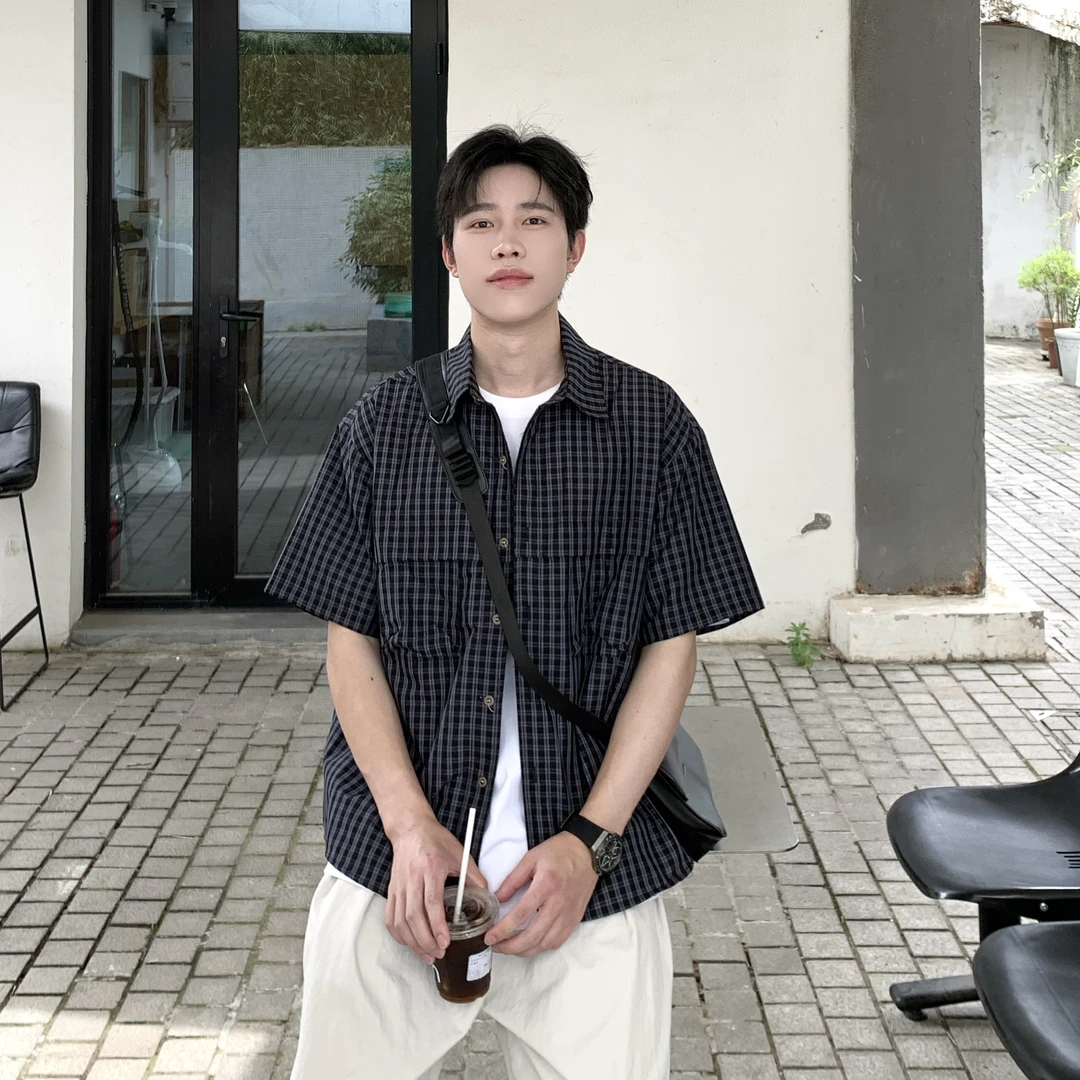 SUNSET 活页隐藏口袋格子短袖衬衫夏季宽松慵懒百搭半袖衬衣【514】